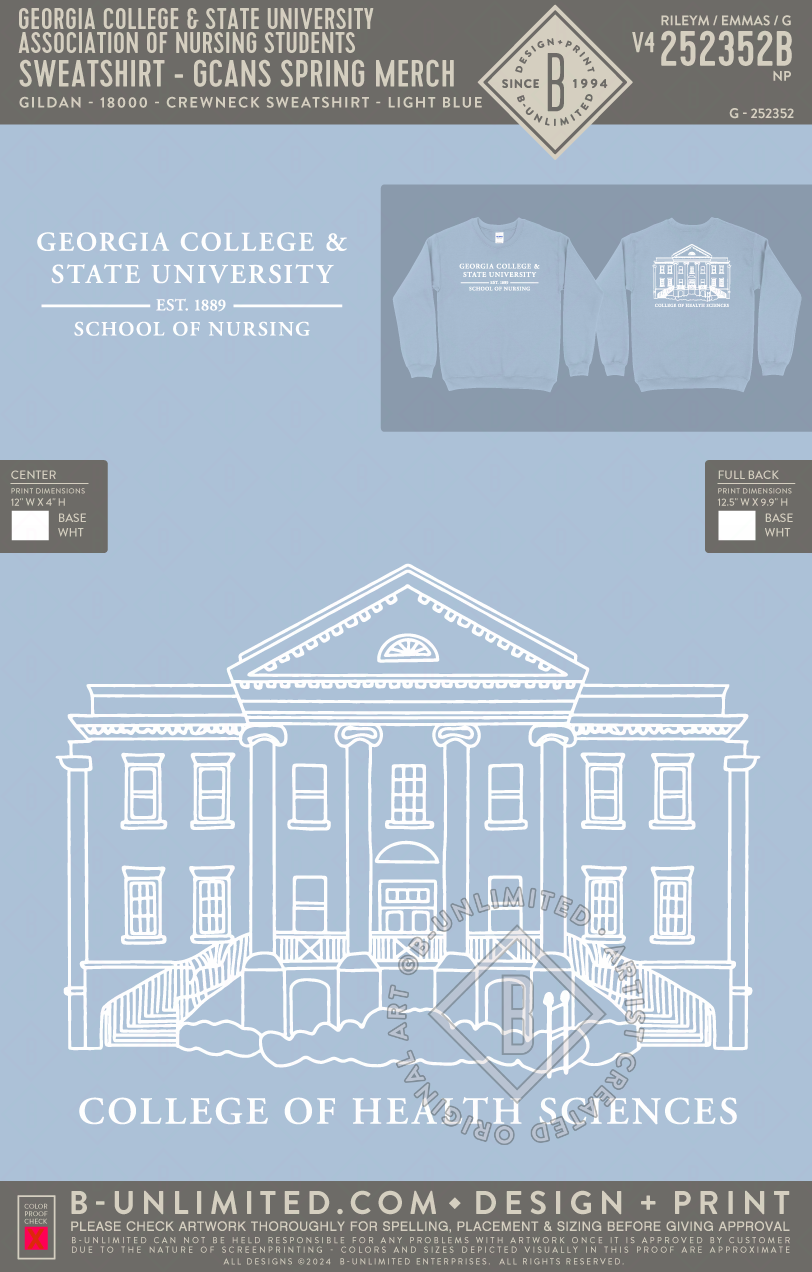 Georgia College & State University Association of Nursing Students - Sweatshirt - GCANS Spring Merch - Gildan - 18000 - Crewneck Sweatshirt - Light Blue