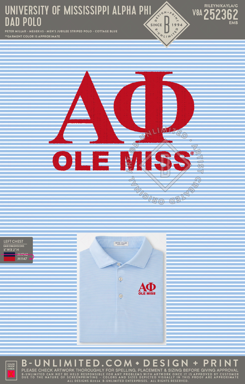 University of Mississippi Alpha Phi - Dad Polo - Peter Millar - ME0EK11S - Men's Jubilee Striped Polo - Cottage Blue