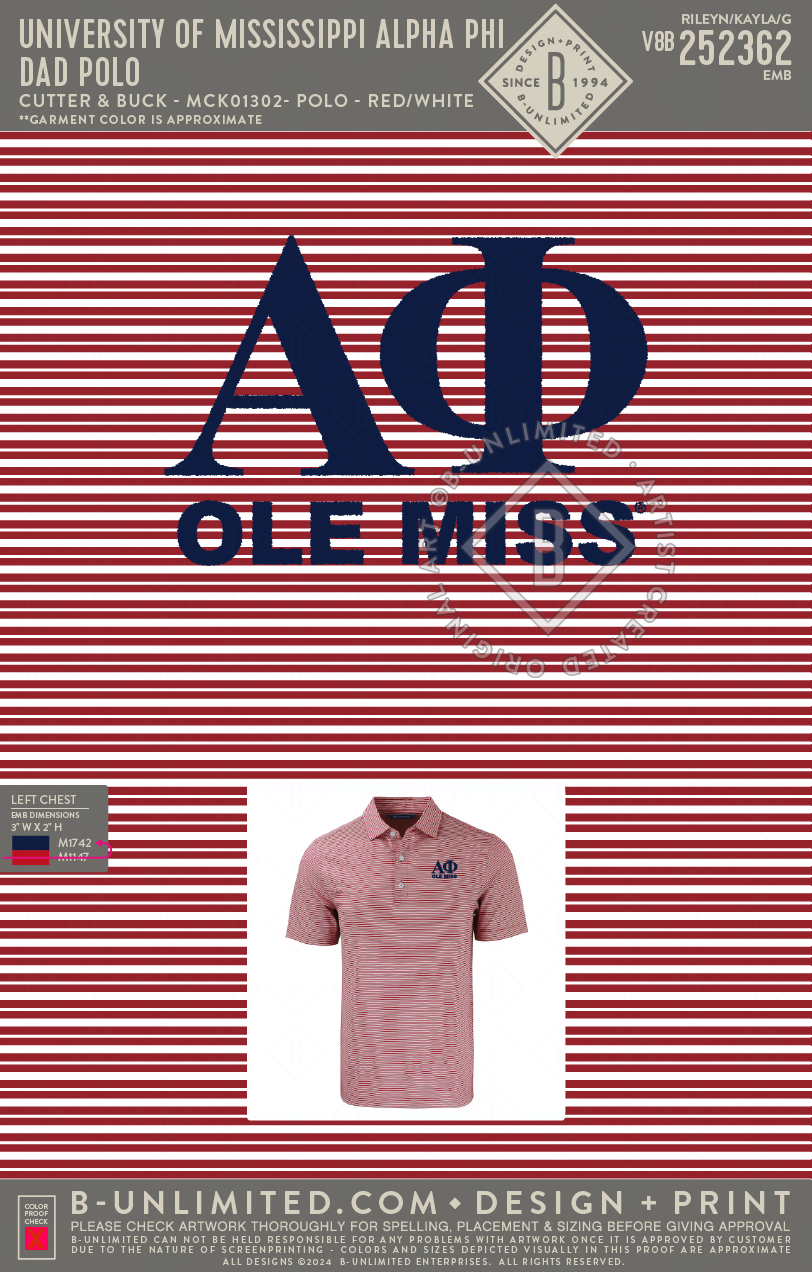 University of Mississippi Alpha Phi - Dad Polo - Cutter & Buck - MCK01302 - Forge Double Stripe Mens Polo - Red/White