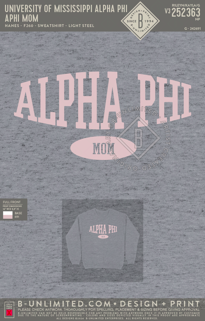 University of Mississippi Alpha Phi - APHI Mom! - Hanes - F260 - Sweatshirt - Light Steel