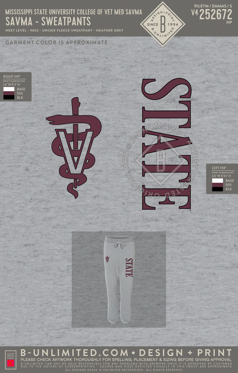Mississippi State University College of Vet Med SAVMA - SAVMA - Sweatpants - Next Level - 9803 - Unisex Fleece Sweatpant - Heather Grey