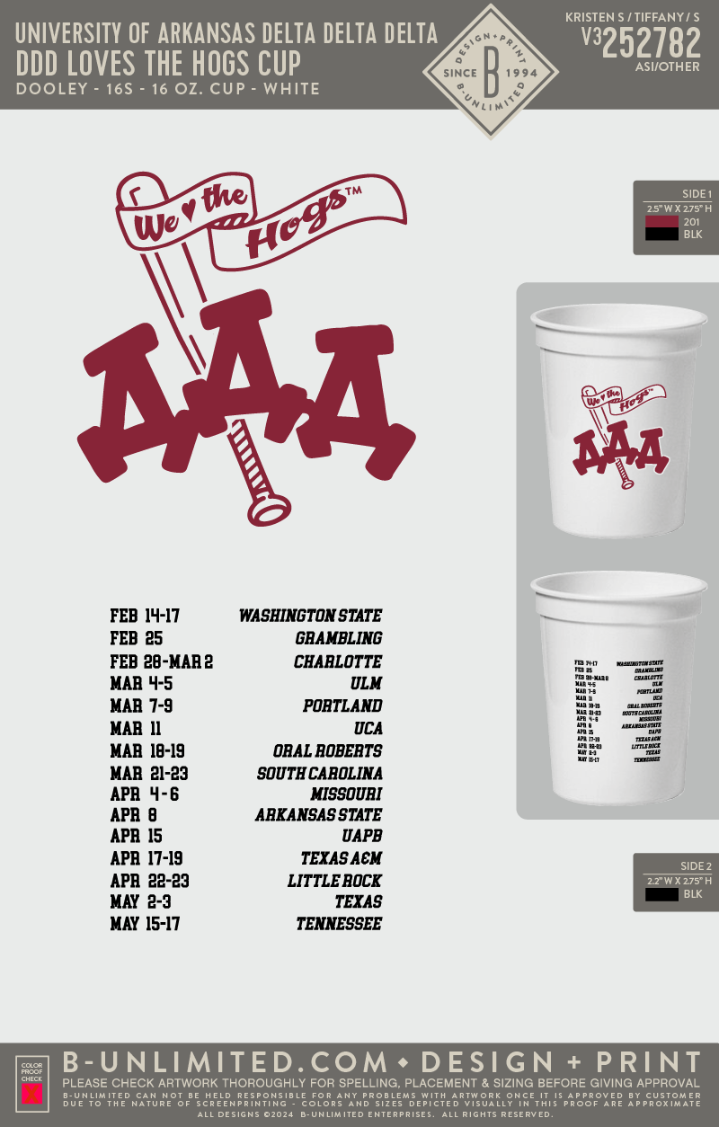 University of Arkansas Delta Delta Delta - DDD Loves the Hogs Cup - PACK OF 4 - Dooley - 16s - 16 oz. Cup - White