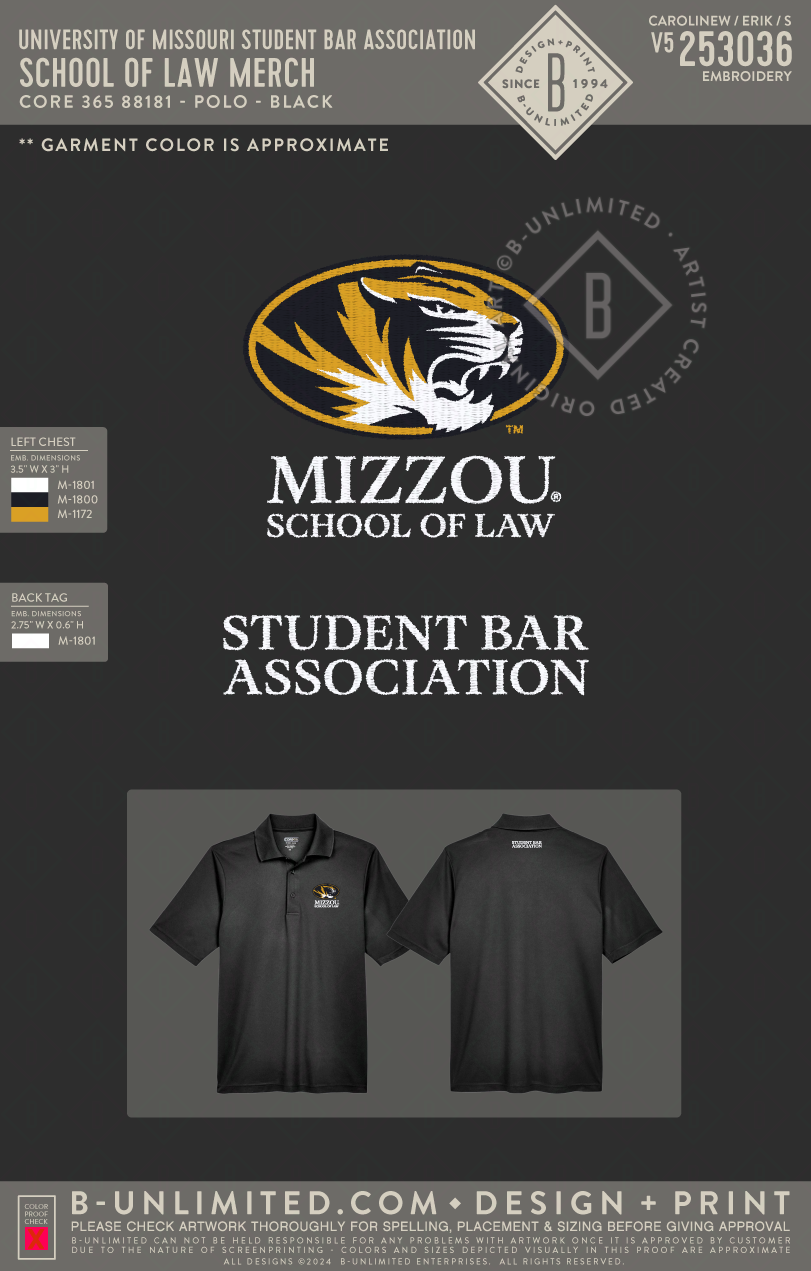 University of Missouri Student Bar Association - School of Law Merch - Core 365 - 88181 - Polo - Black