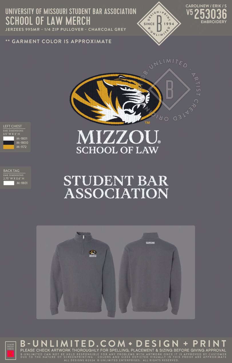 University of Missouri Student Bar Association - School of Law Merch - Jerzees - 995MR - 1/4 Zip Pullover - Charcoal Grey