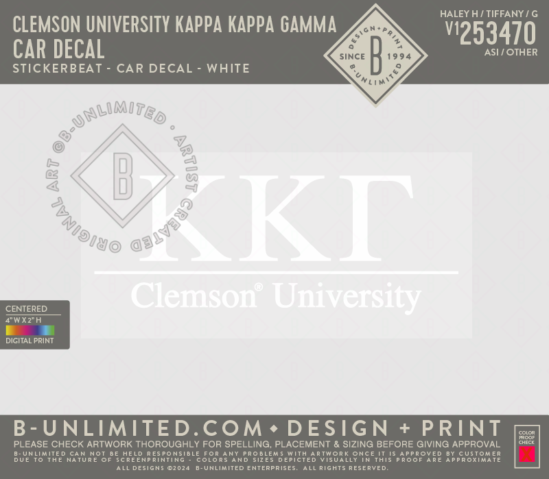 Clemson University Kappa Kappa Gamma - Car Decal - Stickerbeat - Car Decal - White
