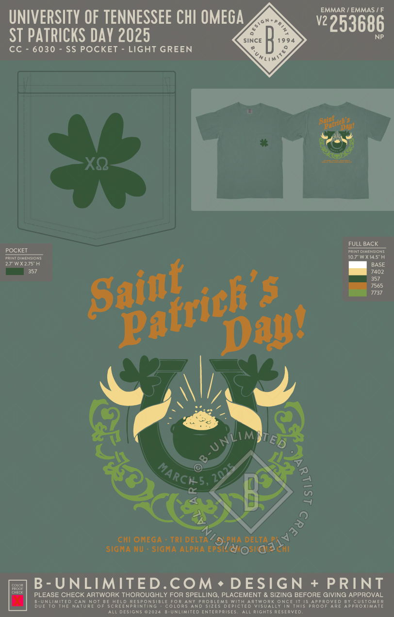 University of Tennessee Chi Omega - St Patricks Day 2025 - CC - 6030 - SS Pocket - Light Green