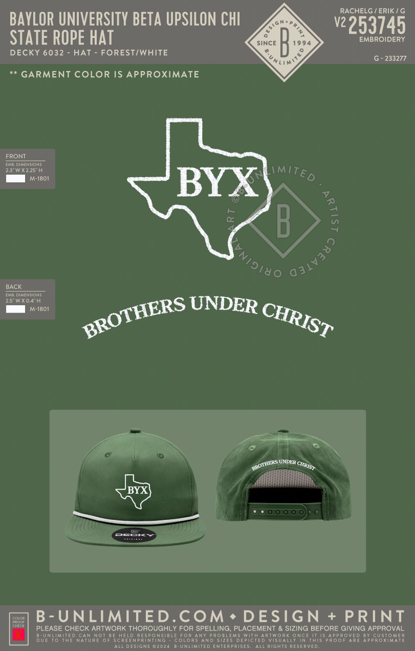 Baylor University Beta Upsilon Chi - State Rope Hat - Decky - 6032 - 5 Panel High Profile Cotton/Poly Blend Rope Hat - Forest/White