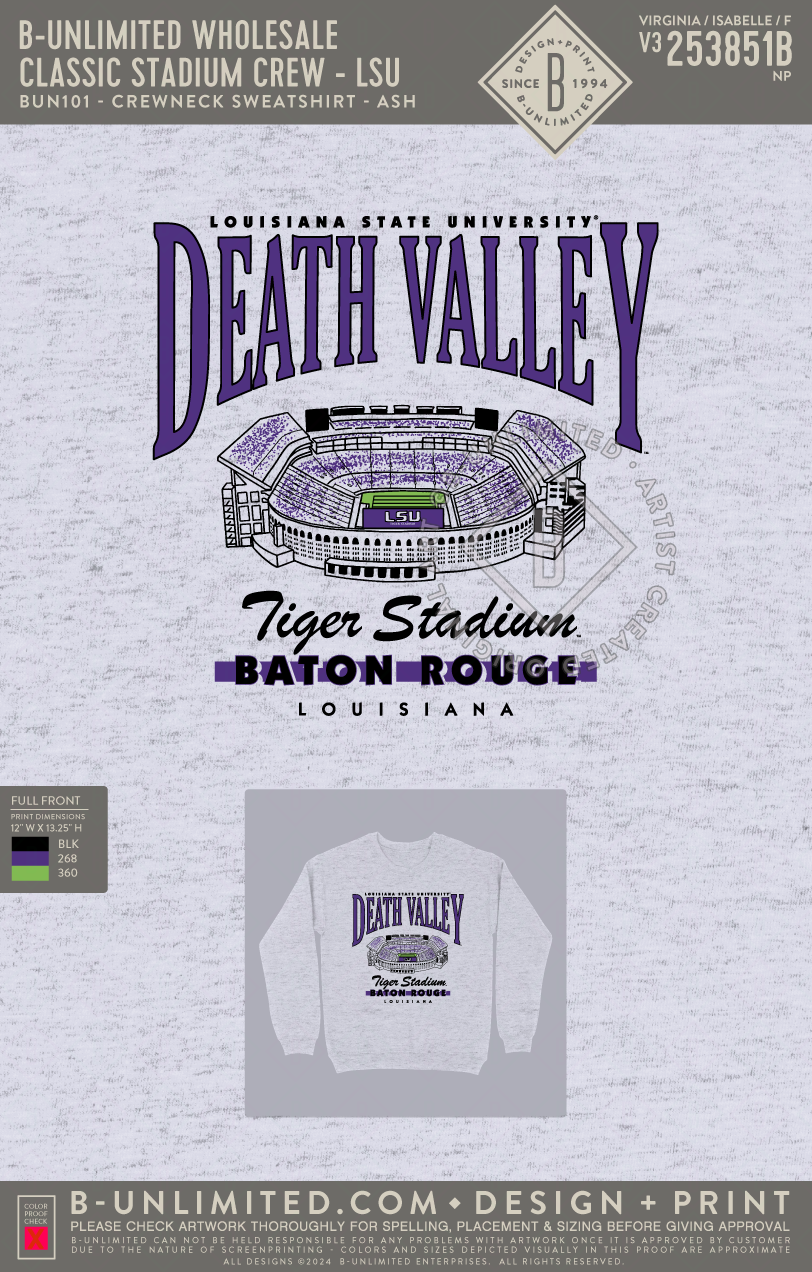 B-Unlimited Wholesale - Classic Stadium Crew - LSU (Dummy Invoice - IHD 10/9/2025) - B-Unlimited BUN101 - Ash
