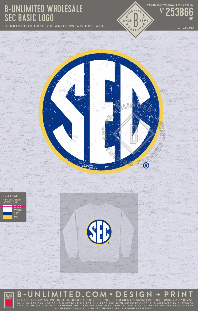 B-Unlimited Wholesale - SEC Basic Logo - B-Unlimited BUN101 - Ash
