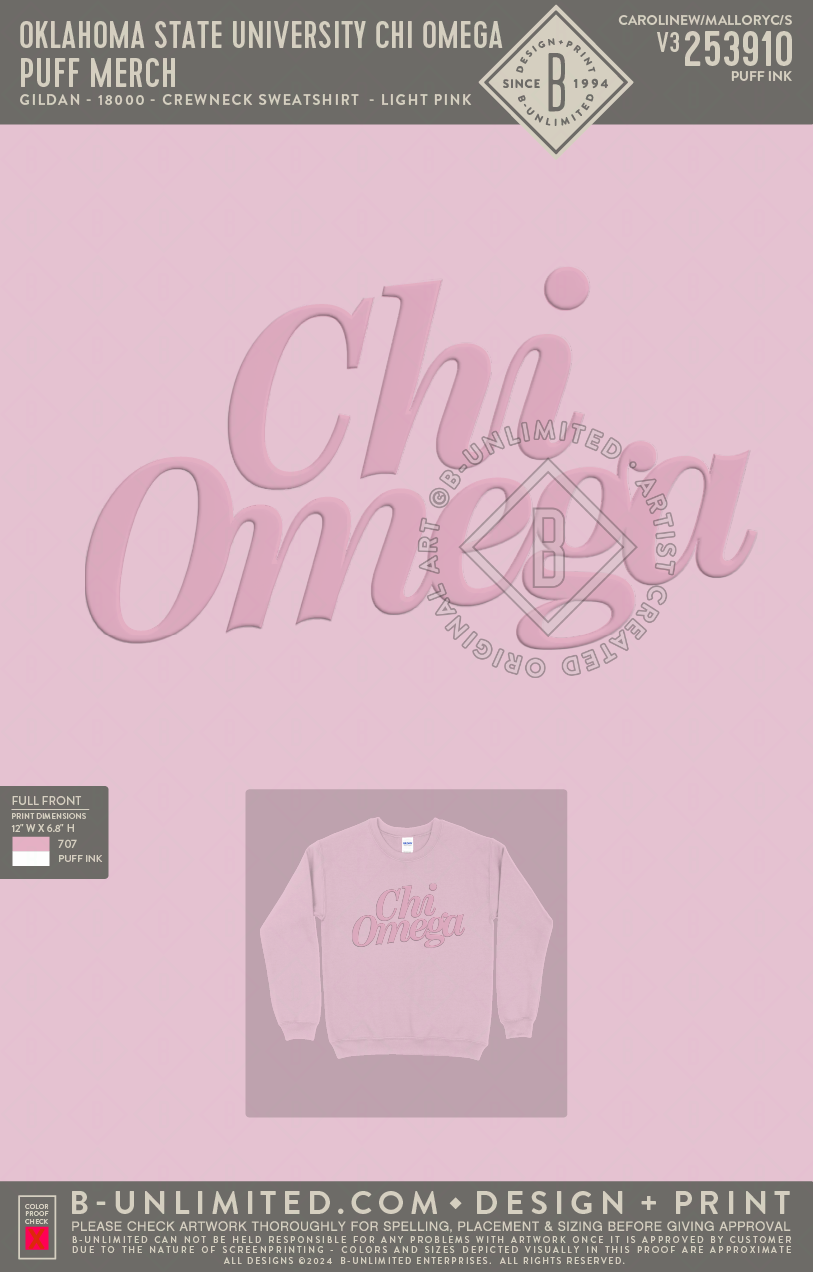 Oklahoma State University Chi Omega - Puff Merch Crewneck - Gildan - 18000 - Crewneck Sweatshirt - Light Pink