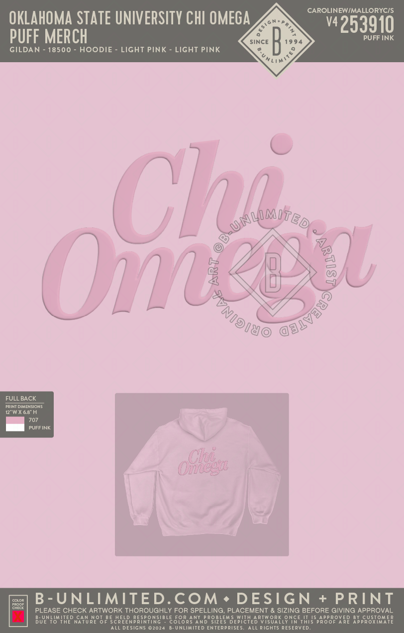 Oklahoma State University Chi Omega - Puff Merch - Gildan - 18500 - Hoodie - Light Pink
