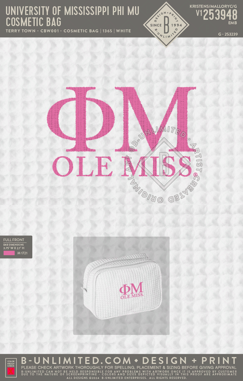 University of Mississippi Phi Mu - COSMETIC BAG - Terry Town - CBW001 - Cosmetic Bag - White