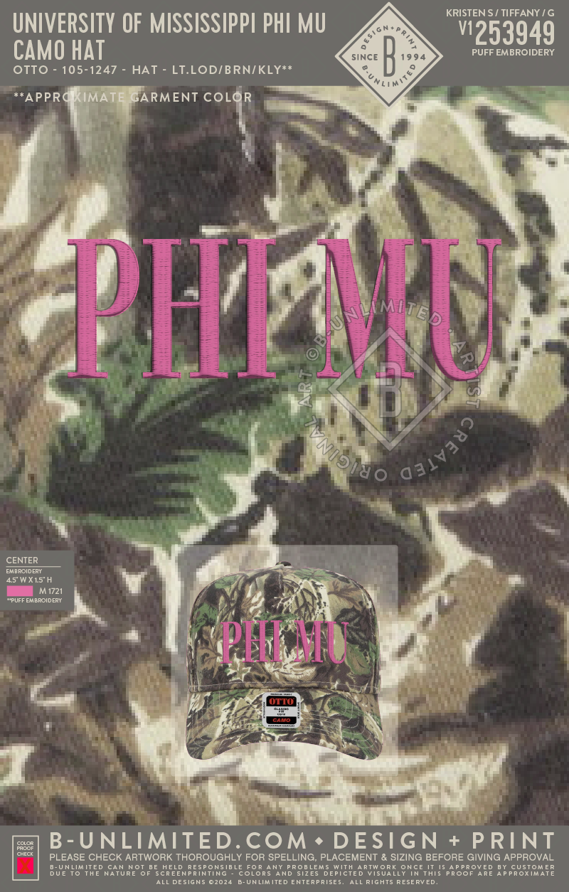 University of Mississippi Phi Mu - CAMO HAT - Otto Cap - 105-1247 - Hat - Lt.LOD/Brn/Kly