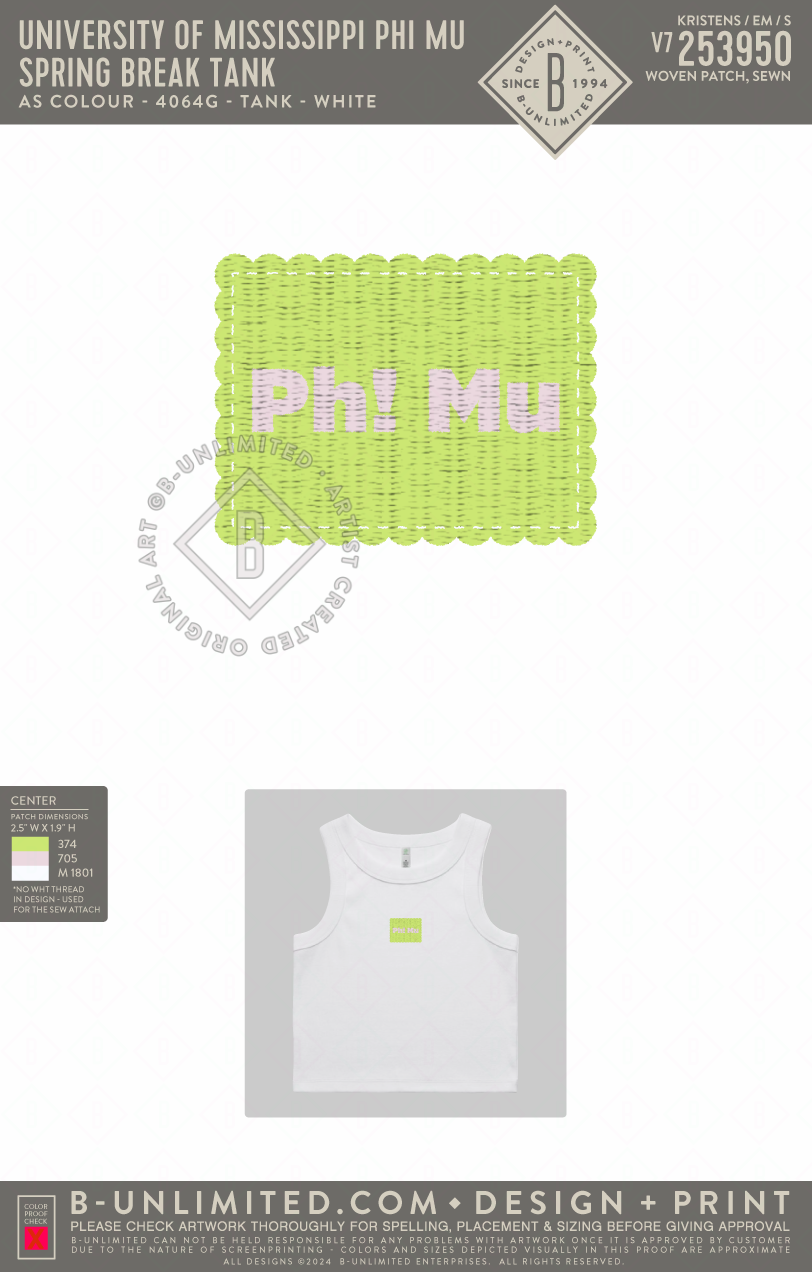 University of Mississippi Phi Mu - Spring Break Tank - ASColour - 4064G - Rib Crop Tank - White