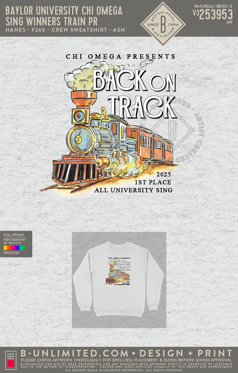 Baylor University Chi Omega - Sing Winners Train PR - Hanes - F260 - Sweatshirt - Ash