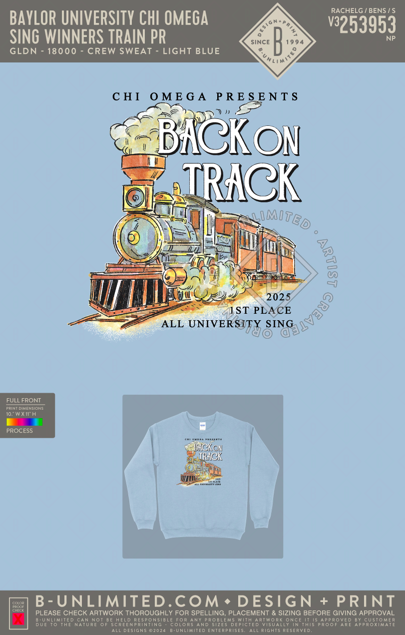 Baylor University Chi Omega - Sing Winners Train PR - Gildan - 18000 - Crewneck Sweatshirt - Light Blue