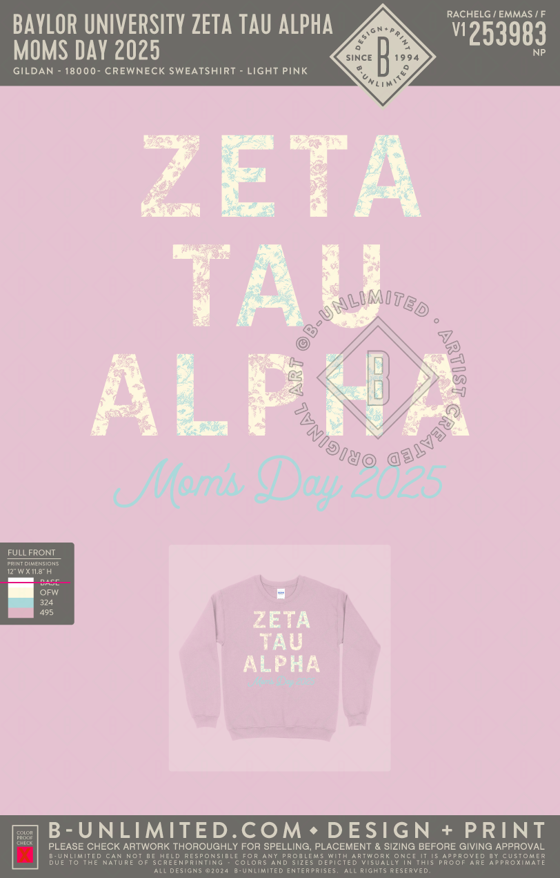 Baylor University Zeta Tau Alpha - Moms Day 2025 - Gildan - 18000 - Crewneck Sweatshirt - Light Pink