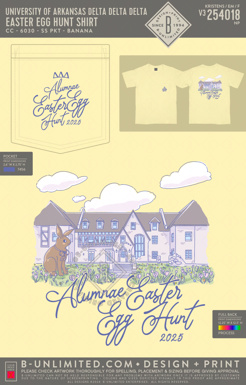 University of Arkansas Delta Delta Delta - Easter Egg Hunt Shirt - CC - 6030 - SS Pocket - Banana