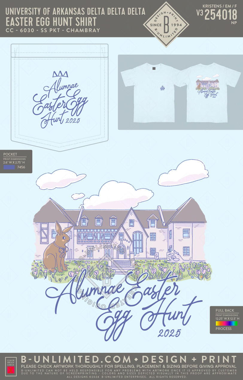 University of Arkansas Delta Delta Delta - Easter Egg Hunt Shirt - CC - 6030 - SS Pocket - Chambray