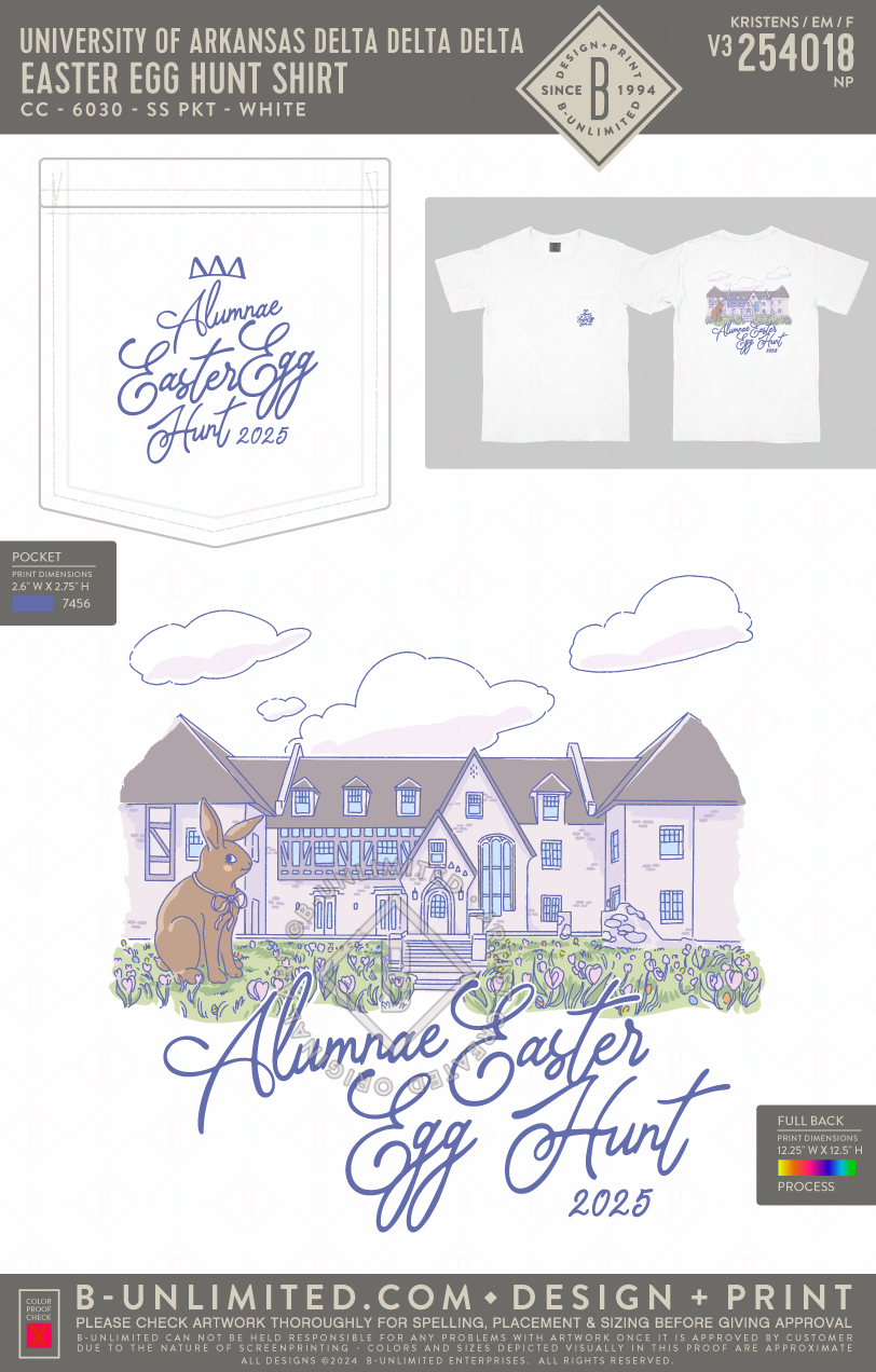 University of Arkansas Delta Delta Delta - Easter Egg Hunt Shirt - CC - 6030 - SS Pocket - White