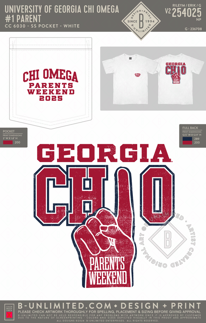 University of Georgia Chi Omega - #1 Parent - CC - 6030 - SS Pocket - White
