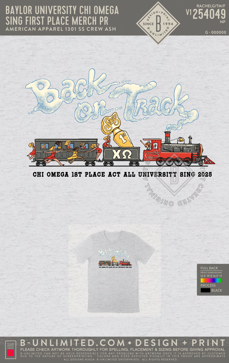 Baylor University Chi Omega - Sing First Place Merch PR - Am. App. - 1301 - Heavyweight Cotton Tee - Ash Grey