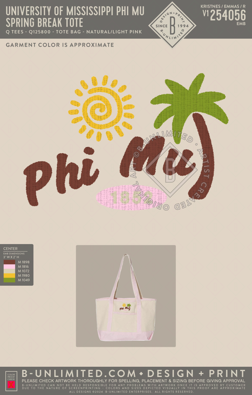 University of Mississippi Phi Mu - Spring Break Tote - Q Tees - Q125800 - Tote Bag - Natural/Light Pink
