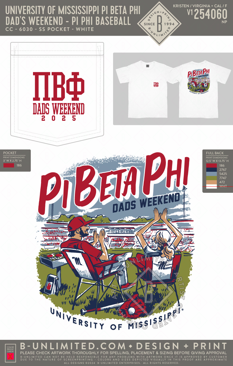 University of Mississippi Pi Beta Phi - Dad's Weekend - Pi Phi Baseball - CC - 6030 - SS Pocket - White