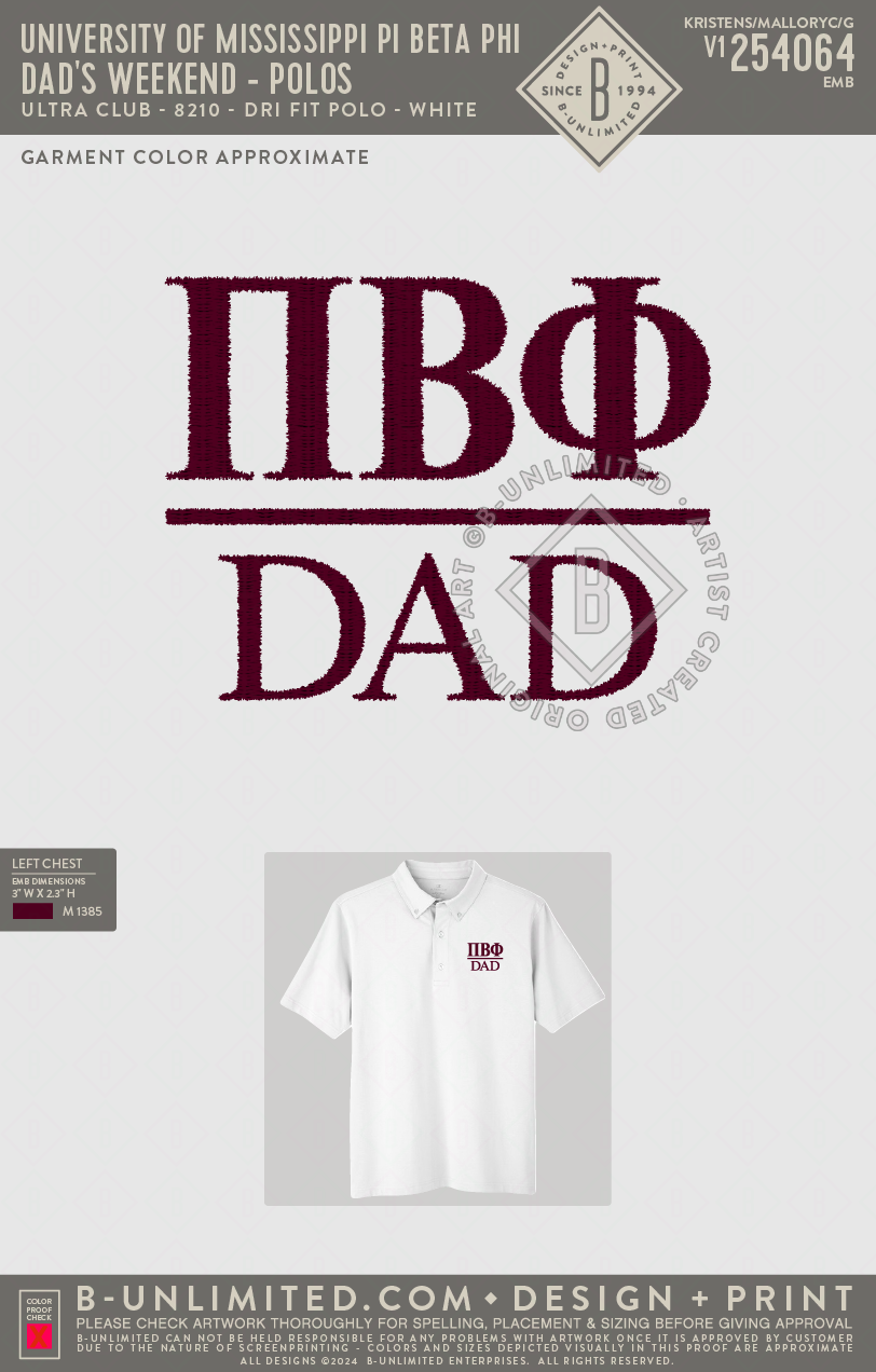 University of Mississippi Pi Beta Phi - Dad's Weekend - Polos - Ultra Club - 8210 - Dri Fit Polo - White