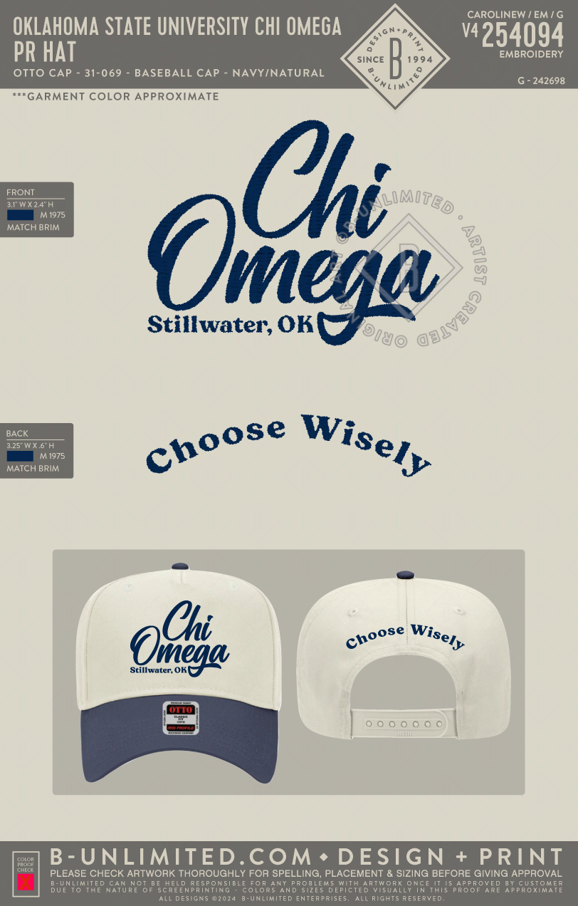 Oklahoma State University Chi Omega - PR Hat - Otto Cap - 31-069 - Baseball Cap - Navy/Natural