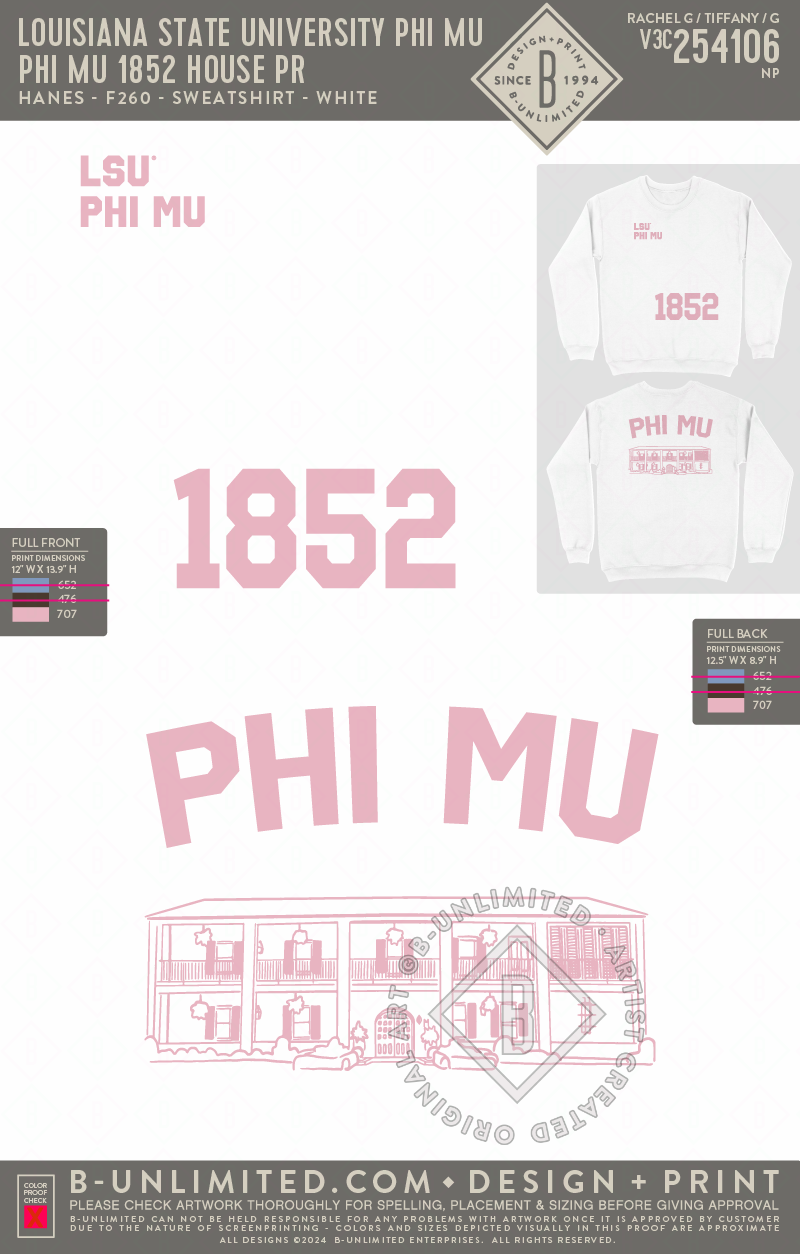 Louisiana State University Phi Mu - Phi Mu 1852 House PR (PINK INK SWEATSHIRT) - Hanes - F260 - Sweatshirt - White