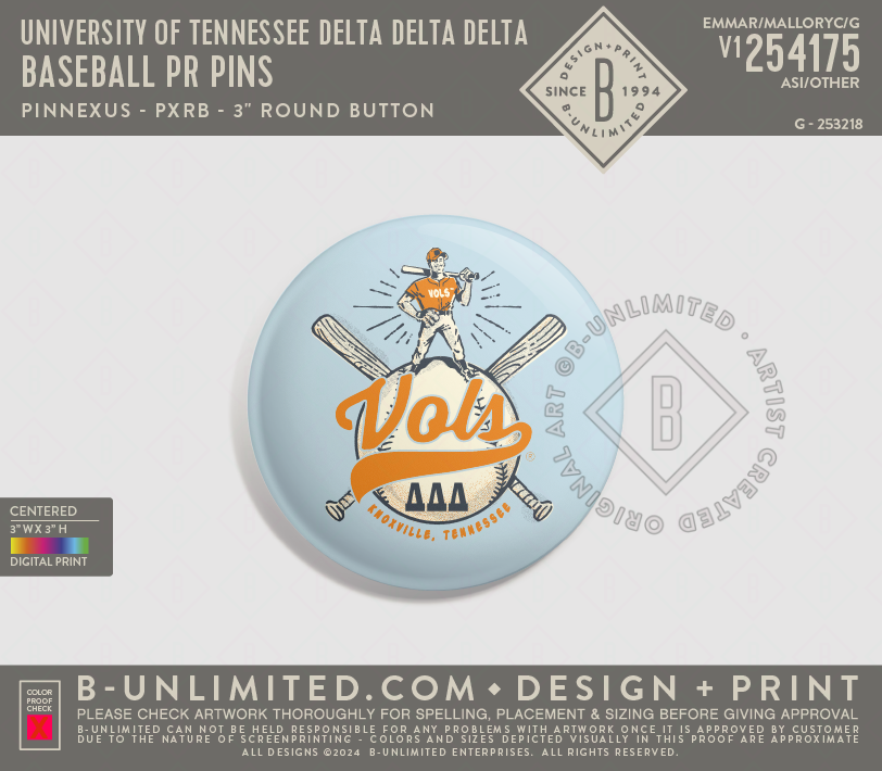 University of Tennessee Delta Delta Delta - Baseball PR Pins - PinNexus - PXRB - 3" Round Button - Multi