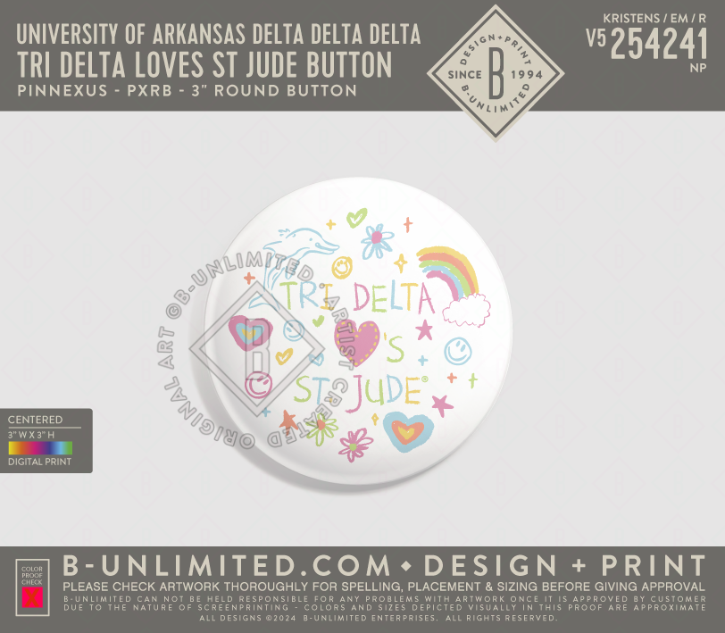 University of Arkansas Delta Delta Delta - Tri Delta Loves St Jude Button - PinNexus - PXRB - 3" Round Button - White