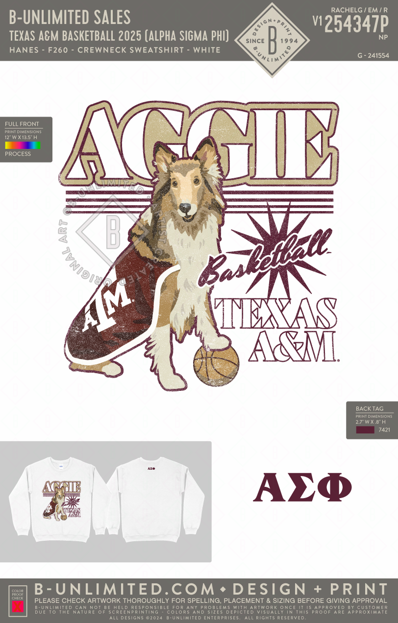 B-Unlimited Sales - Texas A&M Basketball 2025 (Alpha Sigma Phi) - Hanes - F260 - Sweatshirt - White
