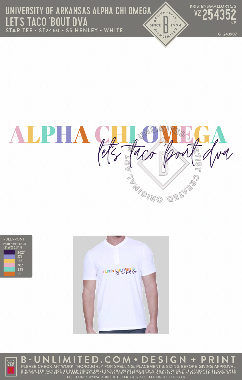 UofA AXO - Let's Taco 'Bout DVA - Star Tee - ST2460 - SS Henley - White