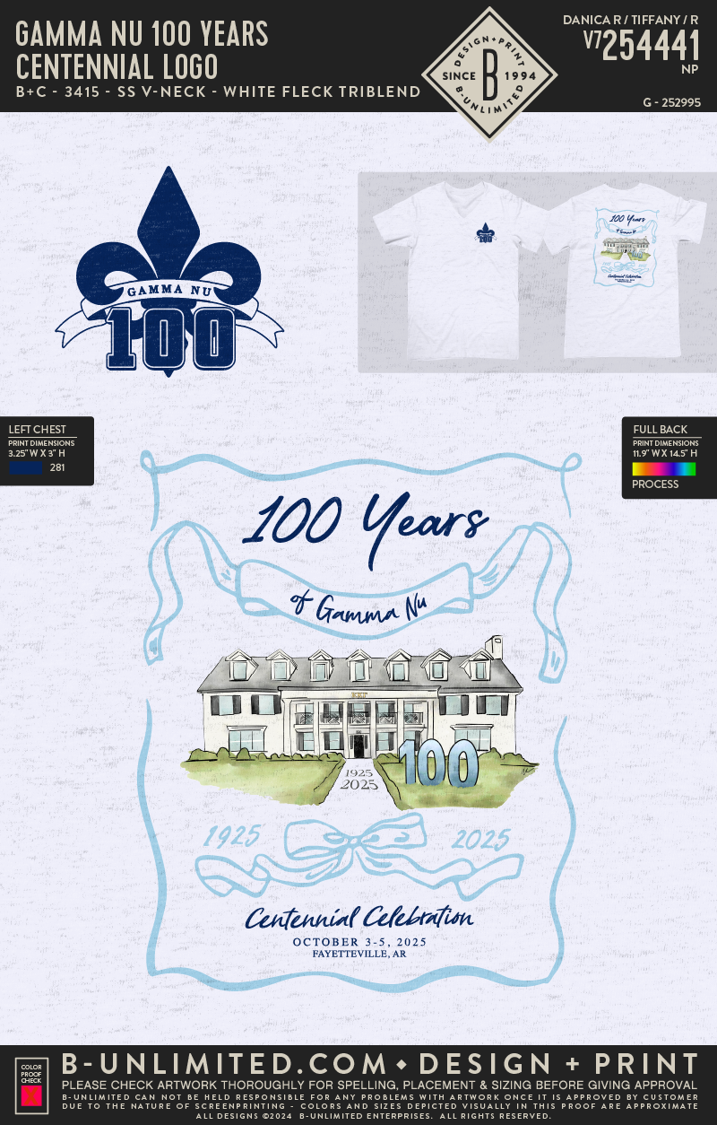 Gamma Nu 100 Years - Centennial Logo Updated - B+C - 3415 - SS V-Neck - White Fleck Triblend