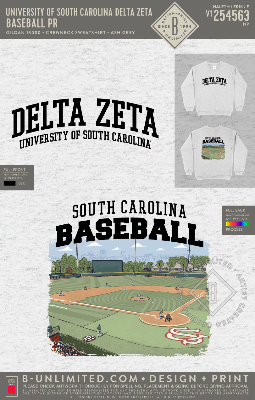 University of South Carolina Delta Zeta - Baseball PR (EOS25) - Gildan - 18000 - Crewneck Sweatshirt - Ash Grey