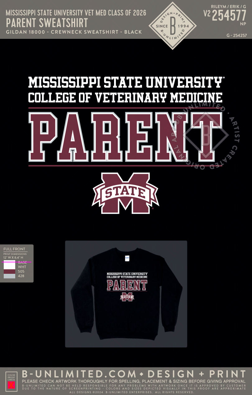 Mississippi State University Vet Med Class of 2026 - Parent Sweatshirt - Gildan - 18000 - Crewneck Sweatshirt - Black