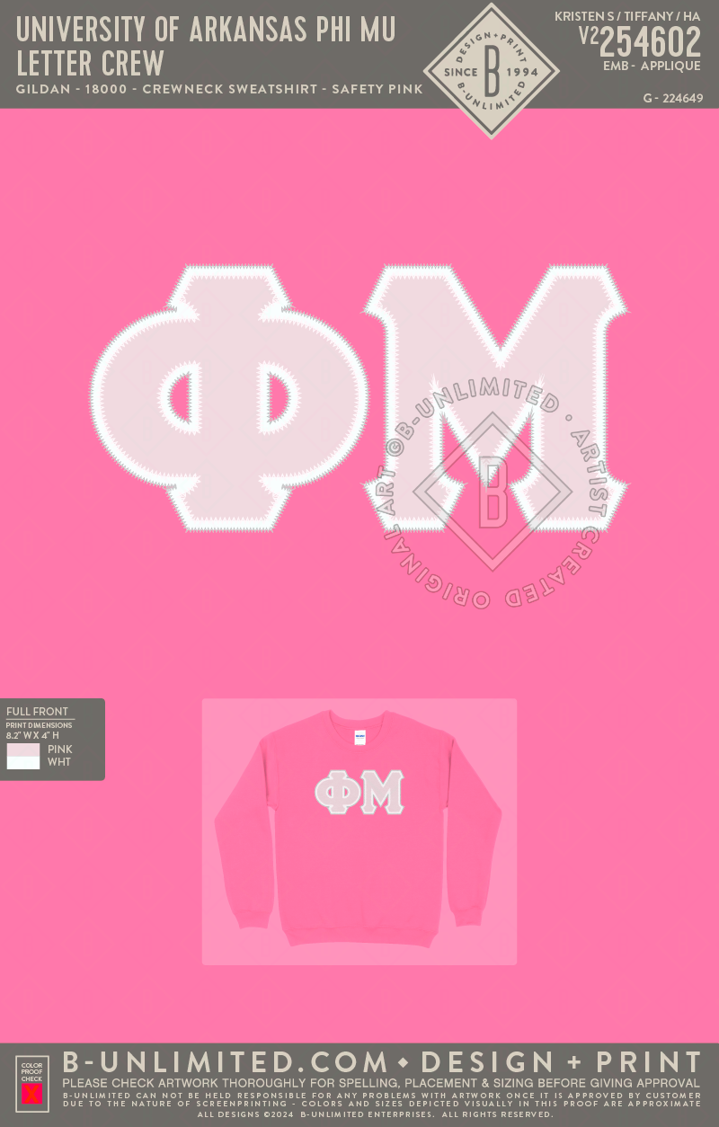 University of Arkansas Phi Mu - Letter Crew - Gildan - 18000 - Crewneck Sweatshirt - Safety Pink