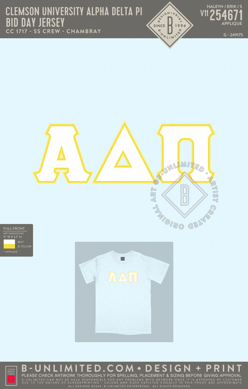 Clemson University Alpha Delta Pi - Bid day jersey - CC - 1717 - SS Crew - Chambray