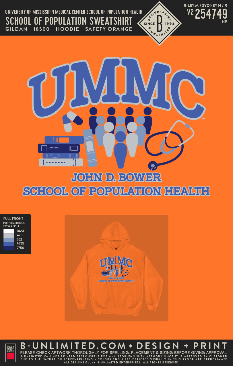University of Mississippi Medical Center School of Population Health - School of Population Sweatshirt - Gildan - 18500 - Hoodie - Safety Orange