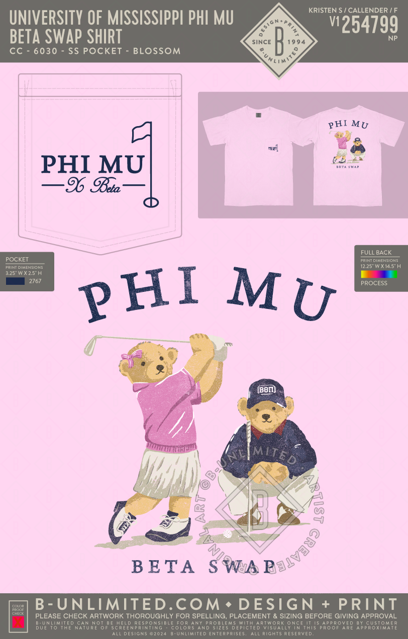 University of Mississippi Phi Mu - Beta Swap Shirt - CC - 6030 - SS Pocket - Blossom