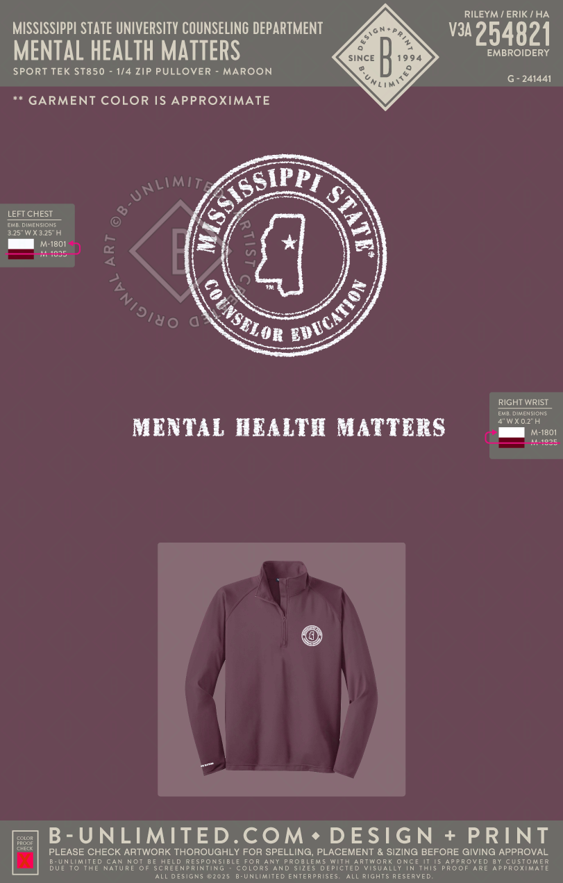 Mississippi State University Counseling Department - Mental Health Matters - Sport Tek - ST850 - 1/4 Zip Pullover - Maroon