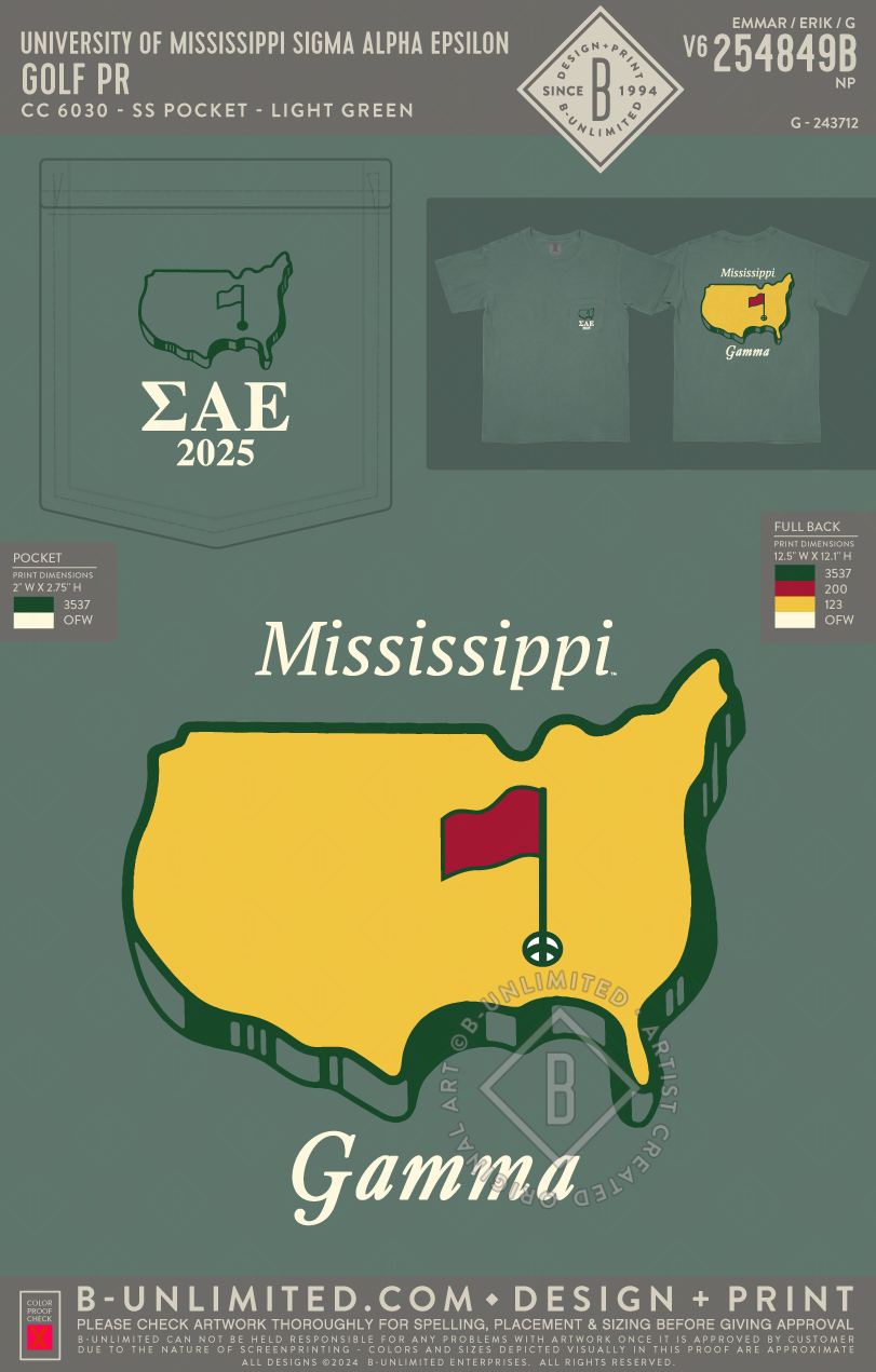 University of Mississippi Sigma Alpha Epsilon - Golf PR (light green) - CC - 6030 - SS Pocket - Light Green