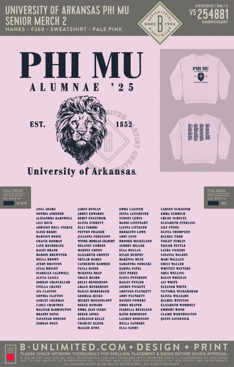 University of Arkansas Phi Mu - Senior Merch 2 - Hanes - F260 - Sweatshirt - Pale Pink