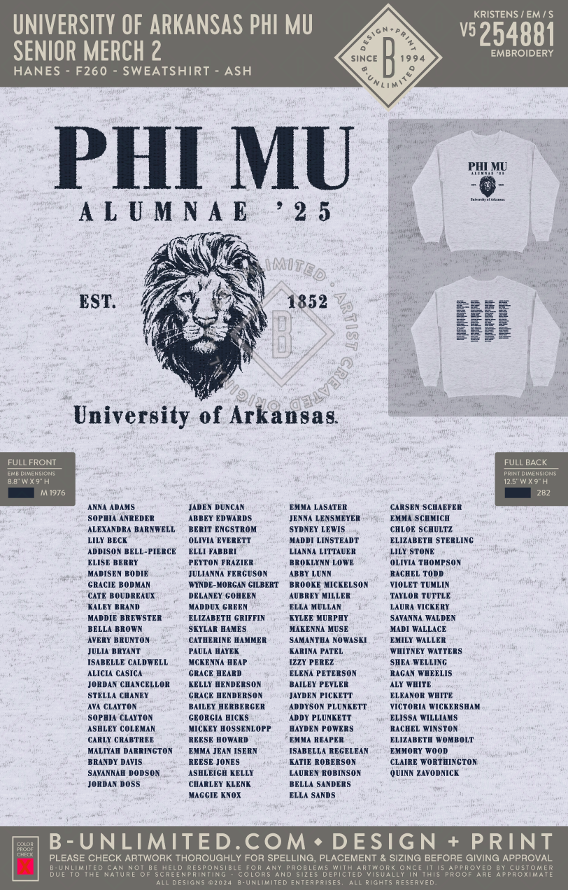 University of Arkansas Phi Mu - Senior Merch 2 - Hanes - F260 - Sweatshirt - Ash