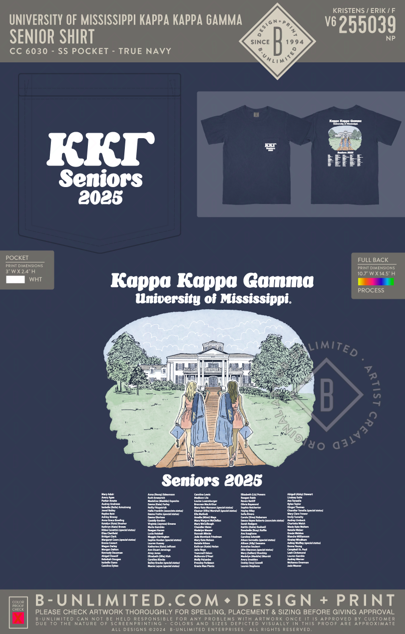 University of Mississippi Kappa Kappa Gamma - Senior Shirt - CC - 6030 - SS Pocket - True Navy
