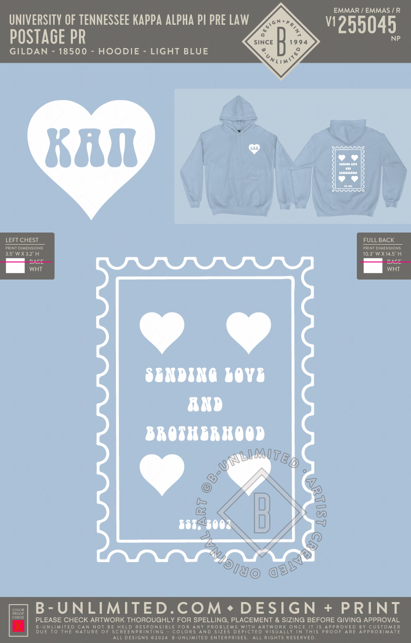 University of Tennessee Kappa Alpha Pi Pre Law - Postage PR - Gildan - 18500 - Hoodie - Light Blue