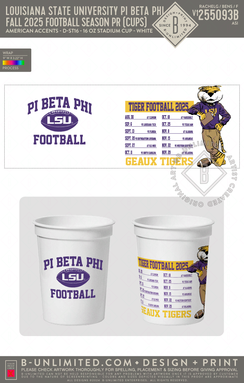 Louisiana State University Pi Beta Phi - Fall 2025 Football Season PR (Cups) - American Accents - D-ST16 - 16 oz Cup - Natural