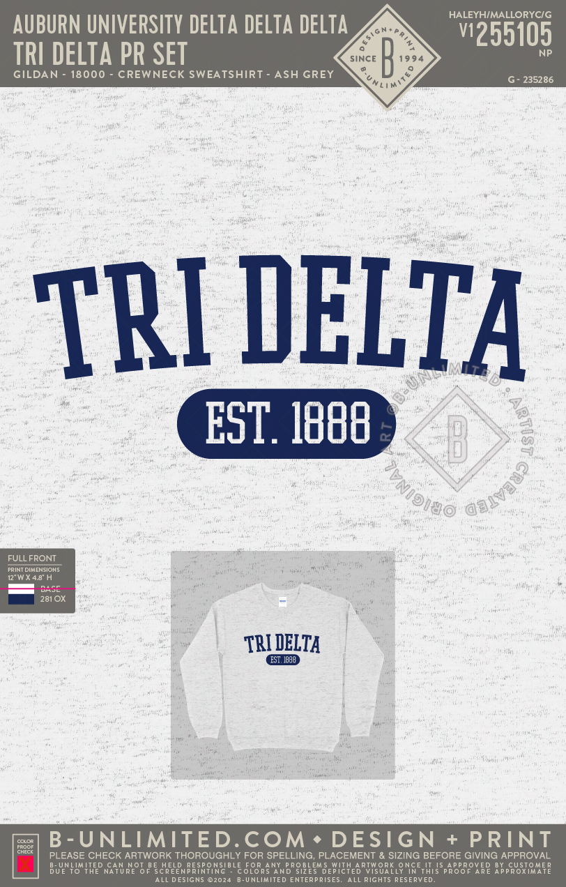 Auburn University Delta Delta Delta - TRI DELTA PR SET - Gildan - 18000 - Crewneck Sweatshirt - Ash Grey